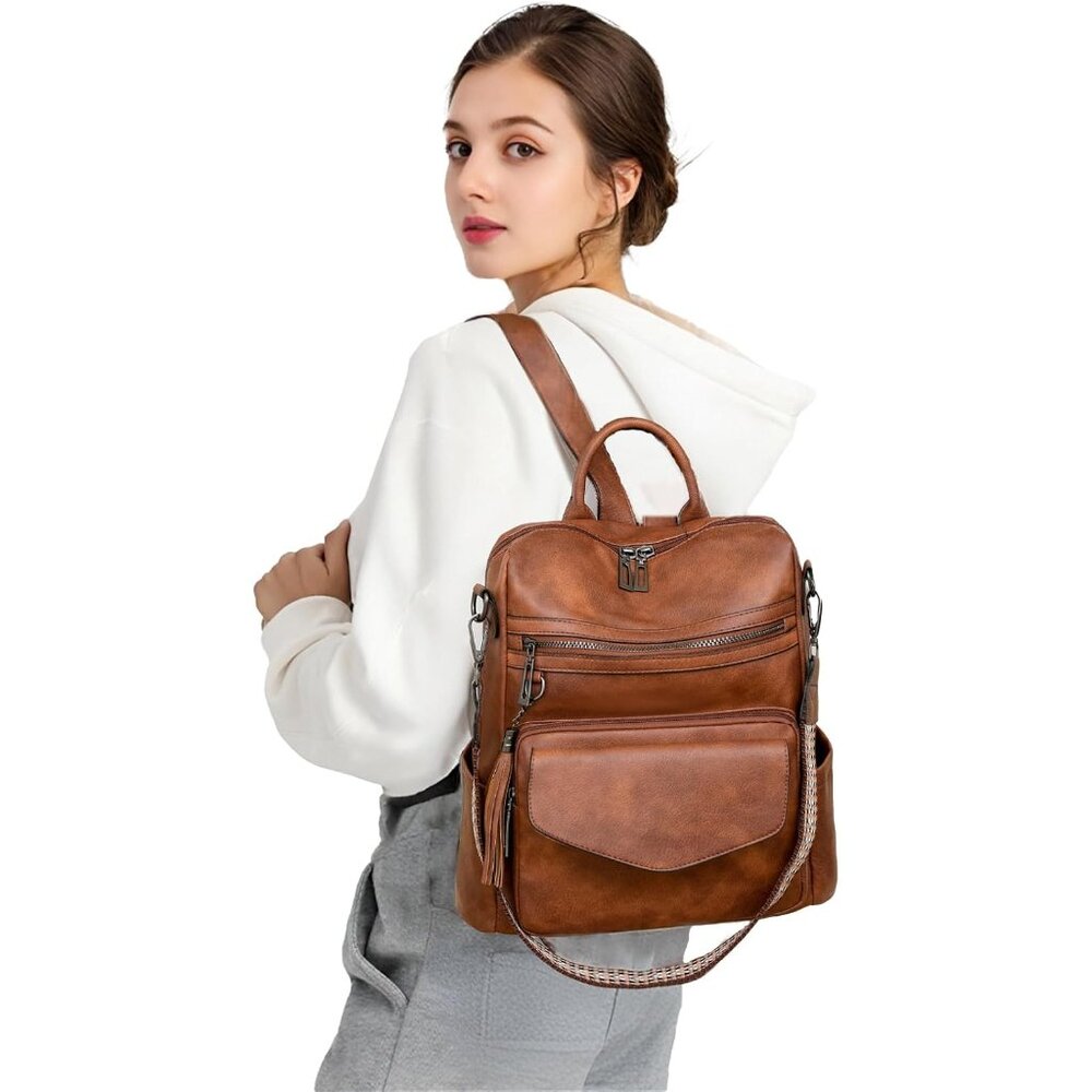 Chic Brown Leather Multi-Functional Backpack & Sh… - image 2